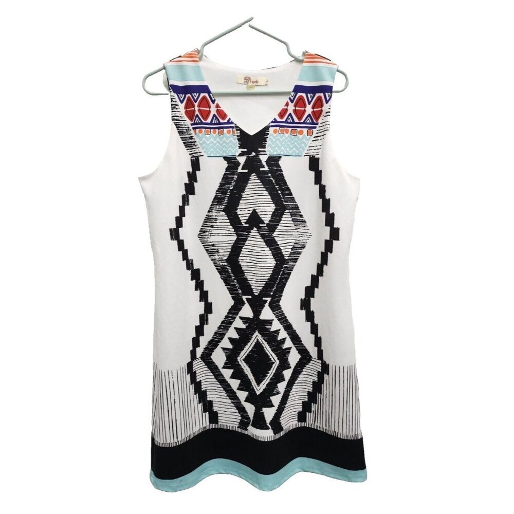 Aryeh‎ Womens Aztec Print Sleeveless Shift Dress Large White Black V-Neck BOHO